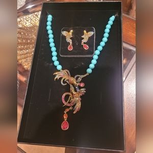 Vintage Heidi Daus Tropical Beaded Hummingbird Drop Necklace and Earrings | NWT